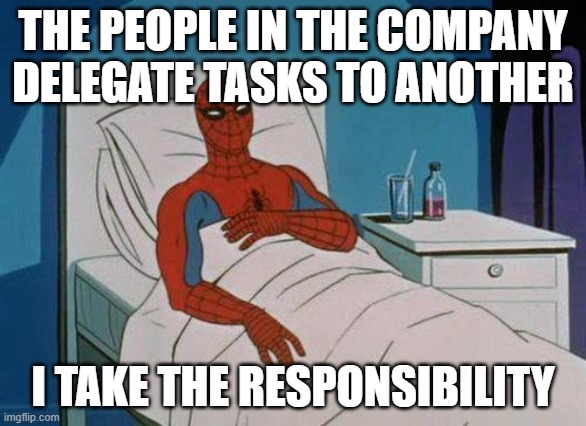 take the responsibility | THE PEOPLE IN THE COMPANY DELEGATE TASKS TO ANOTHER; I TAKE THE RESPONSIBILITY | image tagged in memes,spiderman hospital,spiderman | made w/ Imgflip meme maker