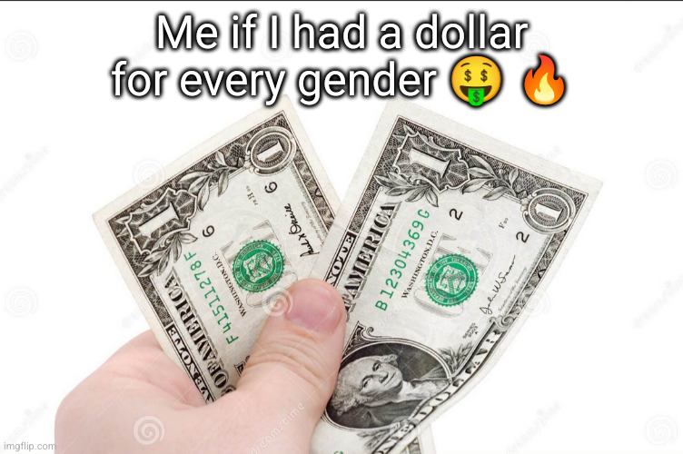 not a lot but it's true yk | Me if I had a dollar for every gender 🤑 🔥 | image tagged in rage bait,ragebait,funny,so true,shut up and take my money fry | made w/ Imgflip meme maker