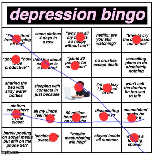 i probably would do more of these if it were allowed ngl | image tagged in depression bingo | made w/ Imgflip meme maker