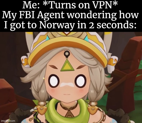 Now they think I have the ability to teleport. | Me: *Turns on VPN*
My FBI Agent wondering how I got to Norway in 2 seconds: | image tagged in vpn,fbi agent | made w/ Imgflip meme maker