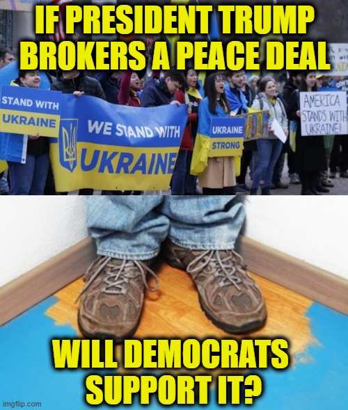 TDS must be a bitch! | IF PRESIDENT TRUMP
BROKERS A PEACE DEAL; WILL DEMOCRATS
 SUPPORT IT? | image tagged in democrats | made w/ Imgflip meme maker