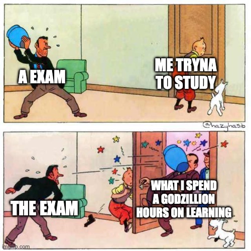 Remember when we tend to forget stuff we learnt for the exam AS HELL? | A EXAM; ME TRYNA TO STUDY; WHAT I SPEND A GODZILLION HOURS ON LEARNING; THE EXAM | image tagged in tintin,exam,funny,memes,relatable,school | made w/ Imgflip meme maker