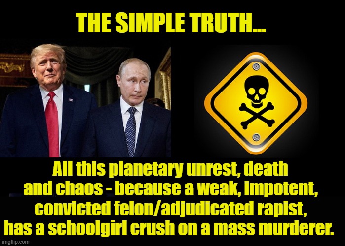 THE SIMPLE TRUTH... All this planetary unrest, death and chaos - because a weak, impotent, convicted felon/adjudicated rapist, has a schoolgirl crush on a mass murderer. | image tagged in vladimir putin,donald trump is an idiot,donald trump the clown,trump putin | made w/ Imgflip meme maker