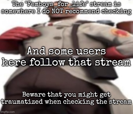 Ze medic | The "Femboys_for_life" stream is somewhere I do NOT recommend checking; And some users here follow that stream; Beware that you might get traumatized when checking the stream | image tagged in ze medic,msmg | made w/ Imgflip meme maker