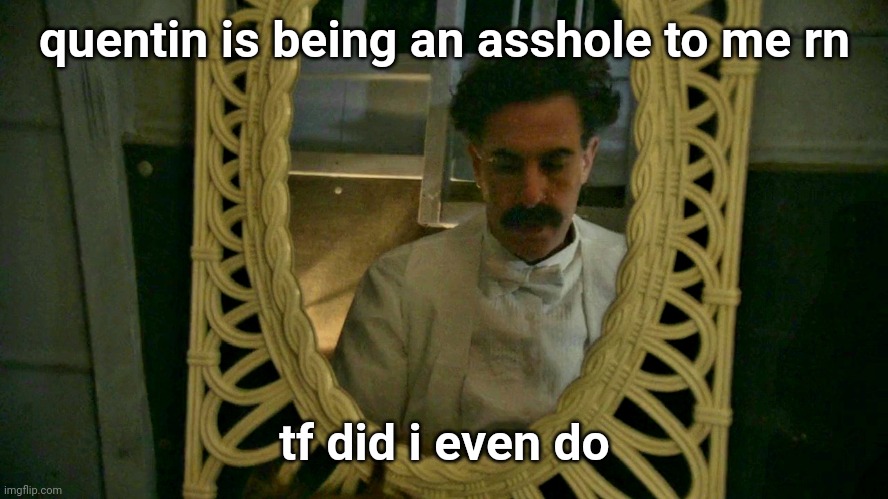 Borat sad in mirror | quentin is being an asshole to me rn; tf did i even do | image tagged in borat sad in mirror | made w/ Imgflip meme maker