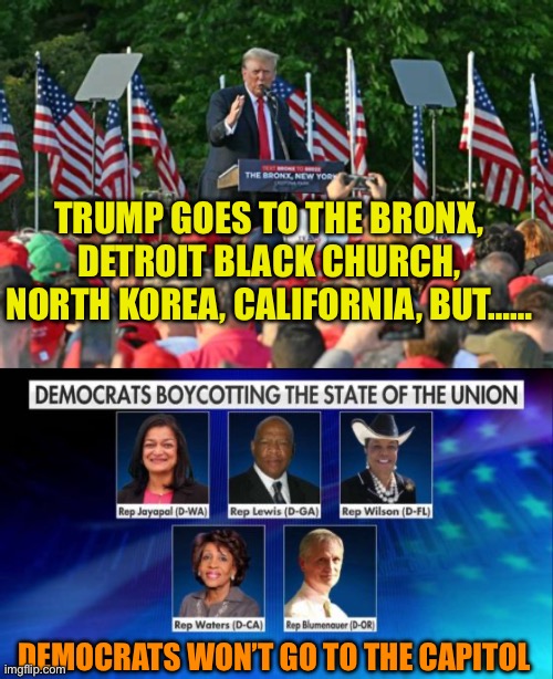 Fact,  the fewer the  Democrats, the better the Country is | TRUMP GOES TO THE BRONX, DETROIT BLACK CHURCH, NORTH KOREA, CALIFORNIA, BUT……; DEMOCRATS WON’T GO TO THE CAPITOL | image tagged in democrat cowards,democrats,chickens,cowards,incompetence | made w/ Imgflip meme maker