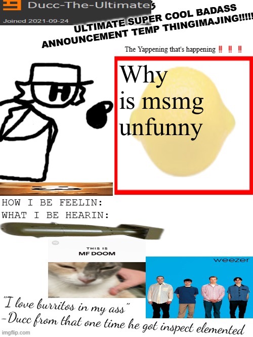 DTU's ULTIMATE SUPER COOL BADASS ANNOUNCEMENT TEMP THINGIMAJING! | Why is msmg unfunny | image tagged in dtu's ultimate super cool badass announcement temp thingimajing | made w/ Imgflip meme maker