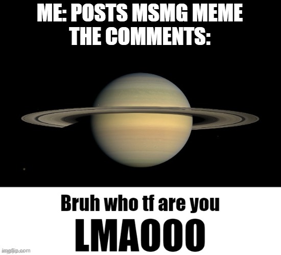 frfr | ME: POSTS MSMG MEME
THE COMMENTS: | image tagged in bruh who tf are you lmaooo | made w/ Imgflip meme maker