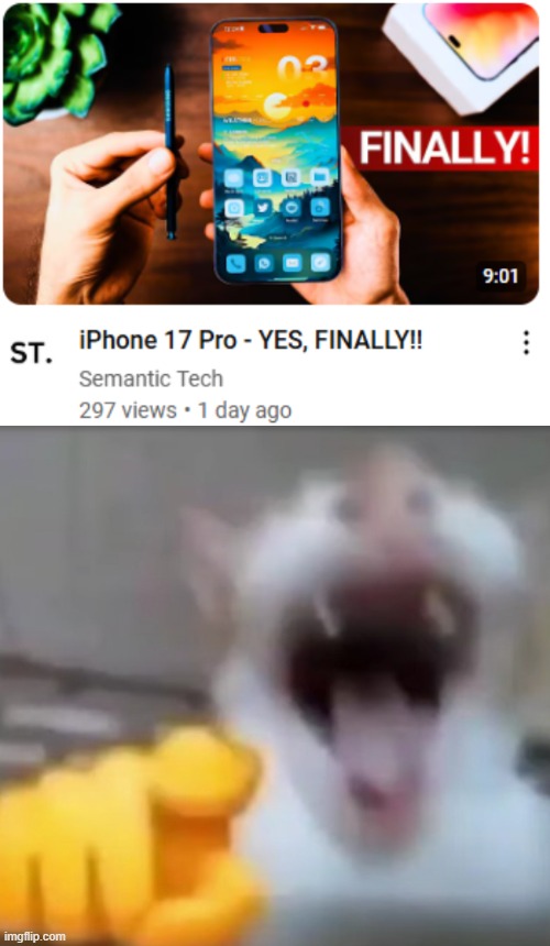 As an Android user, I can confirm we had that shit over 10 years ago with the Galaxy Note | image tagged in cat pointing and laughing | made w/ Imgflip meme maker