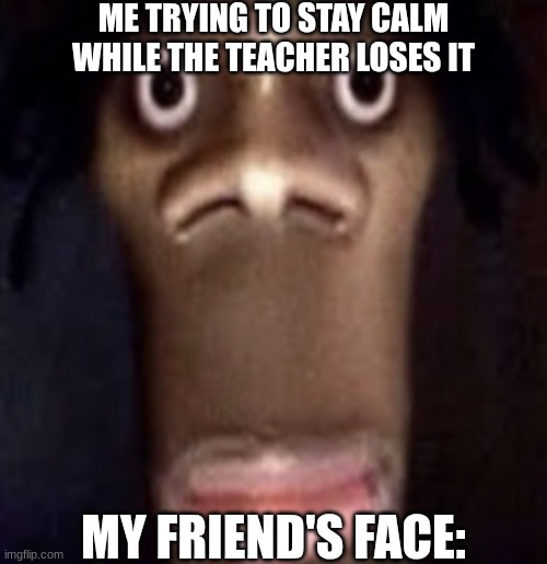 bro core | ME TRYING TO STAY CALM WHILE THE TEACHER LOSES IT; MY FRIEND'S FACE: | image tagged in quandale dingle,bro,i try to be funny | made w/ Imgflip meme maker