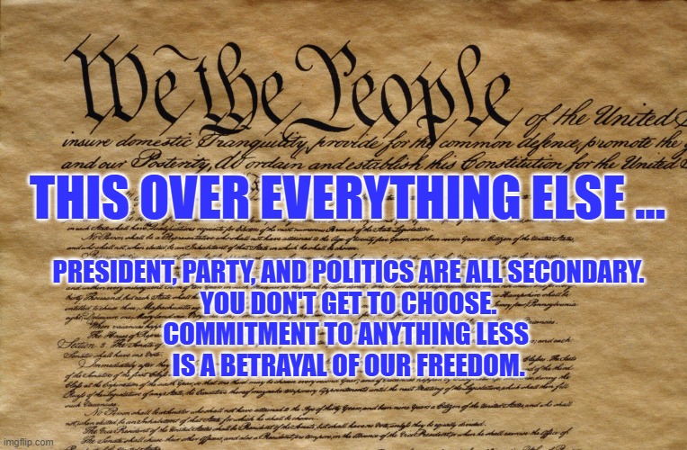 We the People | THIS OVER EVERYTHING ELSE ... PRESIDENT, PARTY, AND POLITICS ARE ALL SECONDARY.
YOU DON'T GET TO CHOOSE.
COMMITMENT TO ANYTHING LESS 
IS A BETRAYAL OF OUR FREEDOM. | image tagged in constitution,loyalty | made w/ Imgflip meme maker