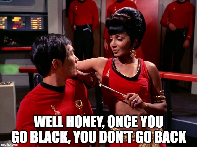 Go with Uhura | WELL HONEY, ONCE YOU GO BLACK, YOU DON'T GO BACK | image tagged in star trek alternate uhura | made w/ Imgflip meme maker