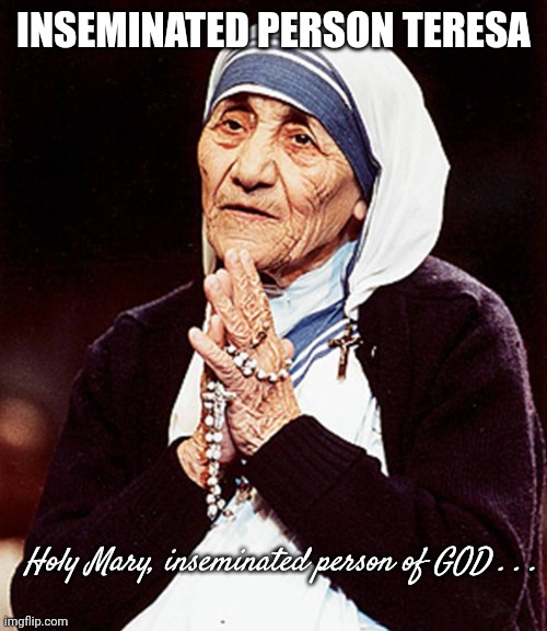 Saying the rosary in Wisconsin just got weirder than Tim Walz | INSEMINATED PERSON TERESA; Holy Mary, inseminated person of GOD . . . | image tagged in mother theresa praying,leftists,stupid liberals,democrats,nonsense,gov tony evers | made w/ Imgflip meme maker