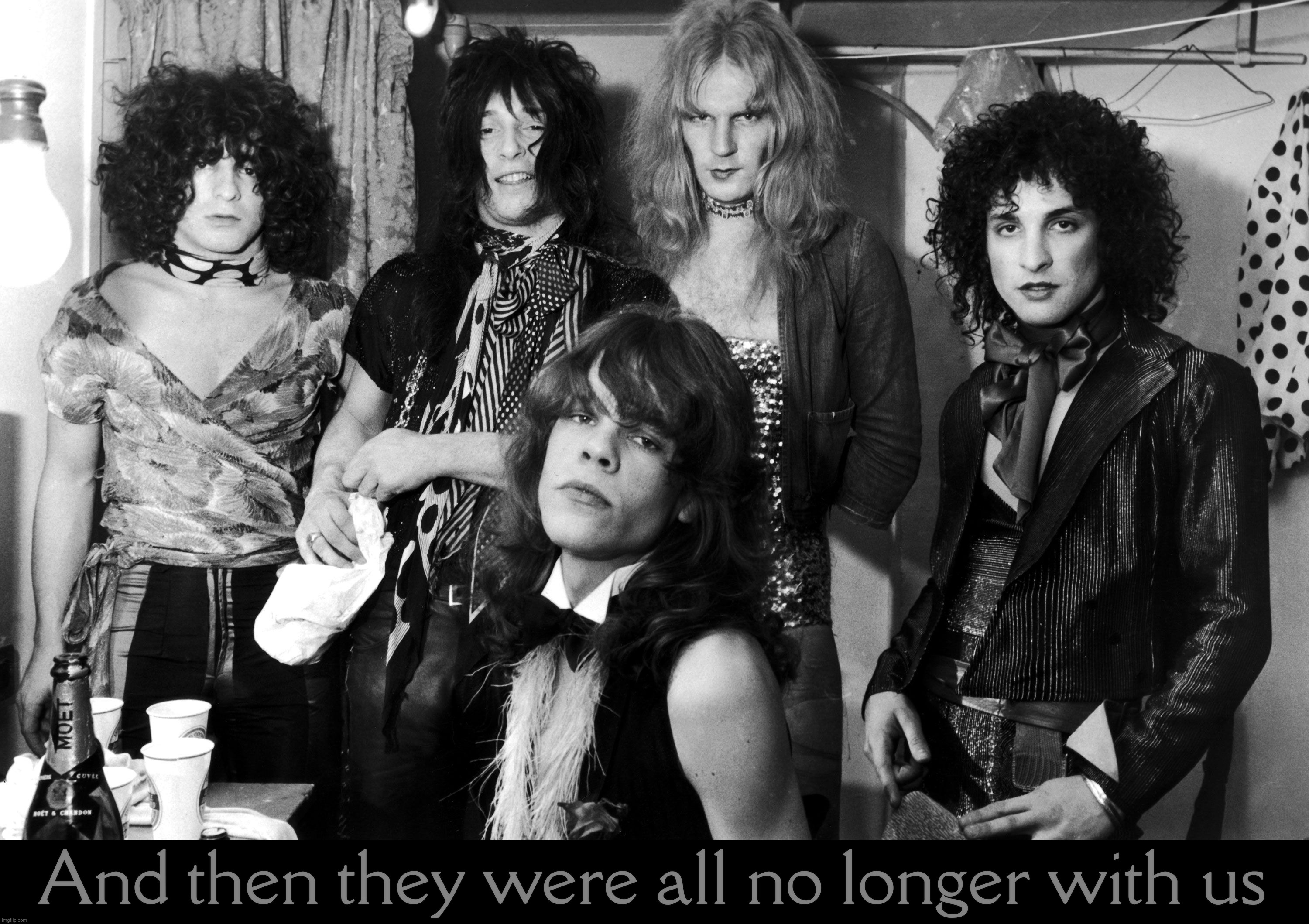 New York Dolls, one of those most important and influential bands in Rock history, yet STILL not in the Rock & Roll Hall of Fame | And then they were all no longer with us | image tagged in new york dolls,billy murcia,johnny thunders,arthur killer kane,sylvain sylvain,david johanson | made w/ Imgflip meme maker