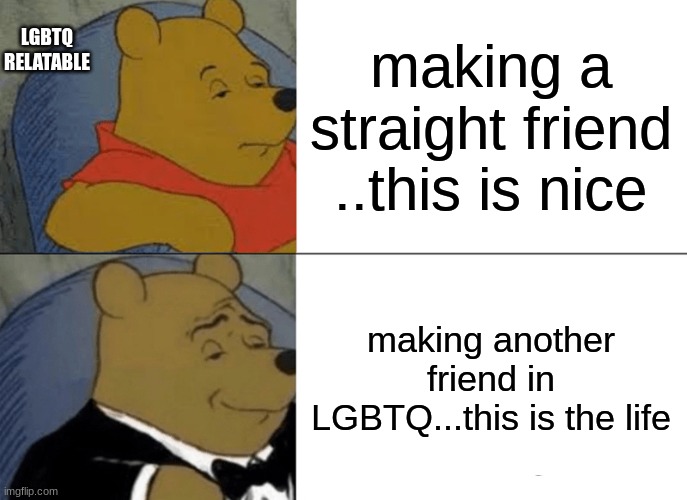 Tuxedo Winnie The Pooh | LGBTQ RELATABLE; making a straight friend ..this is nice; making another friend in LGBTQ...this is the life | image tagged in memes,tuxedo winnie the pooh | made w/ Imgflip meme maker