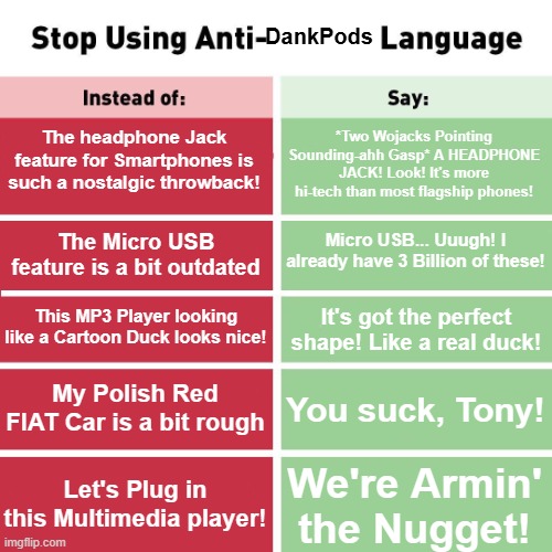 Anti Dankpods Language Returns! | DankPods; *Two Wojacks Pointing Sounding-ahh Gasp* A HEADPHONE JACK! Look! It's more hi-tech than most flagship phones! The headphone Jack feature for Smartphones is such a nostalgic throwback! Micro USB... Uuugh! I already have 3 Billion of these! The Micro USB feature is a bit outdated; This MP3 Player looking like a Cartoon Duck looks nice! It's got the perfect shape! Like a real duck! My Polish Red FIAT Car is a bit rough; You suck, Tony! Let's Plug in this Multimedia player! We're Armin' the Nugget! | image tagged in stop using anti-animal language | made w/ Imgflip meme maker