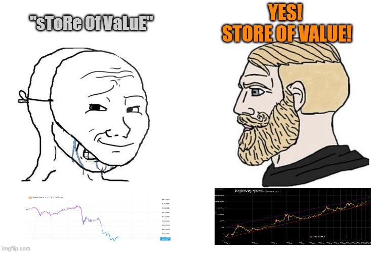 "Store of Value" | YES! 
STORE OF VALUE! "sToRe Of VaLuE" | image tagged in masked wojak vs chad | made w/ Imgflip meme maker