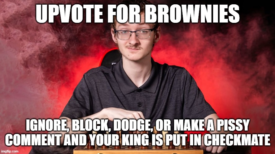 3.14159... upvotes and i post in fun | UPVOTE FOR BROWNIES; IGNORE, BLOCK, DODGE, OR MAKE A PISSY COMMENT AND YOUR KING IS PUT IN CHECKMATE | image tagged in smirking chess guy | made w/ Imgflip meme maker