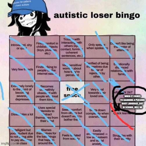 autistic loser bingo | WHEN IT COMES TO LEARNING A PERSONS BODY LANGUAGE..BUT IN SCHOOL..HELL NO | image tagged in autistic loser bingo | made w/ Imgflip meme maker