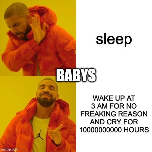 Drake Hotline Bling Meme | sleep; BABYS; WAKE UP AT 3 AM FOR NO FREAKING REASON AND CRY FOR 10000000000 HOURS | image tagged in memes,drake hotline bling | made w/ Imgflip meme maker