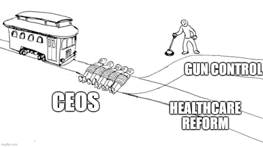 It's a win win | GUN CONTROL; CEOS; HEALTHCARE REFORM | image tagged in trolley problem,marxism,gun control,health insurance,healthcare,luigi | made w/ Imgflip meme maker