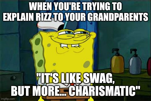 Don't You Squidward | WHEN YOU'RE TRYING TO EXPLAIN RIZZ TO YOUR GRANDPARENTS; "IT'S LIKE SWAG, BUT MORE... CHARISMATIC" | image tagged in memes,don't you squidward | made w/ Imgflip meme maker