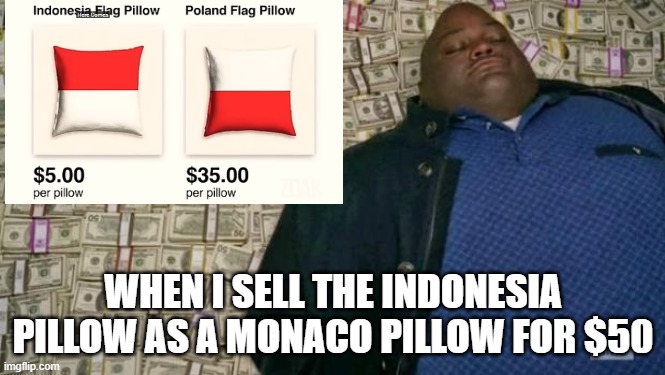 huell money | WHEN I SELL THE INDONESIA PILLOW AS A MONACO PILLOW FOR $50 | image tagged in huell money | made w/ Imgflip meme maker