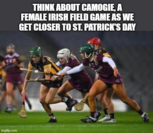 Camogie, a women's field game played in Ireland. Happy St Patrick's Day. | THINK ABOUT CAMOGIE, A FEMALE IRISH FIELD GAME AS WE GET CLOSER TO ST. PATRICK'S DAY | image tagged in sports,ireland,hockey,women,game | made w/ Imgflip meme maker