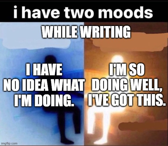 Two moods | WHILE WRITING; I'M SO DOING WELL, I'VE GOT THIS. I HAVE NO IDEA WHAT I'M DOING. | image tagged in two moods,writing,roleplaying | made w/ Imgflip meme maker