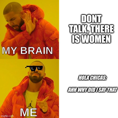 Drake Hotline Bling Meme | DONT TALK, THERE IS WOMEN; MY BRAIN; HOLA CHICAS:                                          


AHH WHY DID I SAY THAT; ME | image tagged in memes,drake hotline bling | made w/ Imgflip meme maker