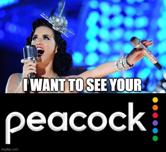 Katy Perry wants to see the Comcast streaming service | I WANT TO SEE YOUR | image tagged in katy perry,singing,peacock,logo,comcast,streaming | made w/ Imgflip meme maker