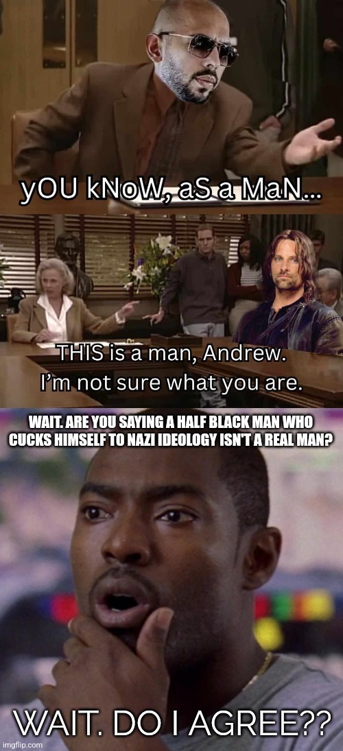 Groundbreaking | WAIT. ARE YOU SAYING A HALF BLACK MAN WHO CUCKS HIMSELF TO NAZI IDEOLOGY ISN'T A REAL MAN? WAIT. DO I AGREE?? | image tagged in the wire,tgif,bmw,lotr | made w/ Imgflip meme maker