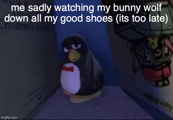 my favorite flip flops.. | me sadly watching my bunny wolf down all my good shoes (its too late) | made w/ Imgflip meme maker