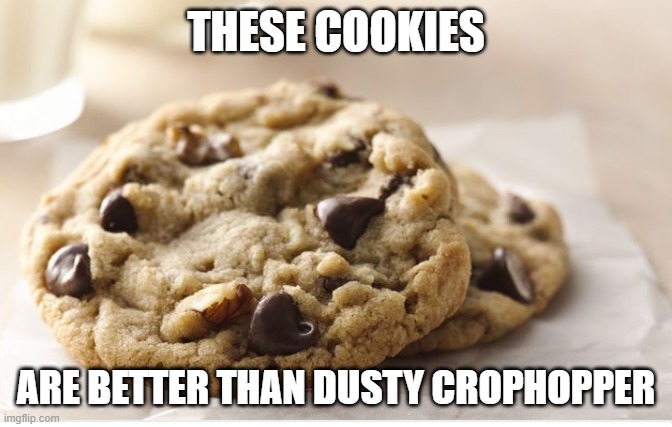 Chocolate chip cookie | THESE COOKIES; ARE BETTER THAN DUSTY CROPHOPPER | image tagged in chocolate chip cookie | made w/ Imgflip meme maker