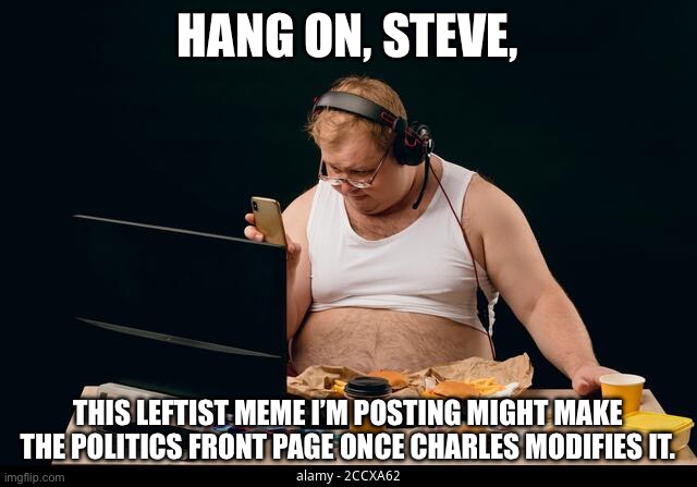 fat man with big stomach making a phone call while using the com | HANG ON, STEVE, THIS LEFTIST MEME I’M POSTING MIGHT MAKE THE POLITICS FRONT PAGE ONCE CHARLES MODIFIES IT. | image tagged in fat man with big stomach making a phone call while using the com | made w/ Imgflip meme maker