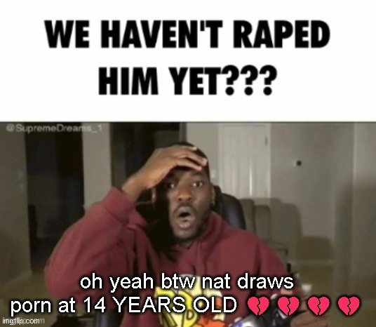 ban this mf from internet usage atp | oh yeah btw nat draws porn at 14 YEARS OLD 💔💔💔💔 | image tagged in we have not | made w/ Imgflip meme maker