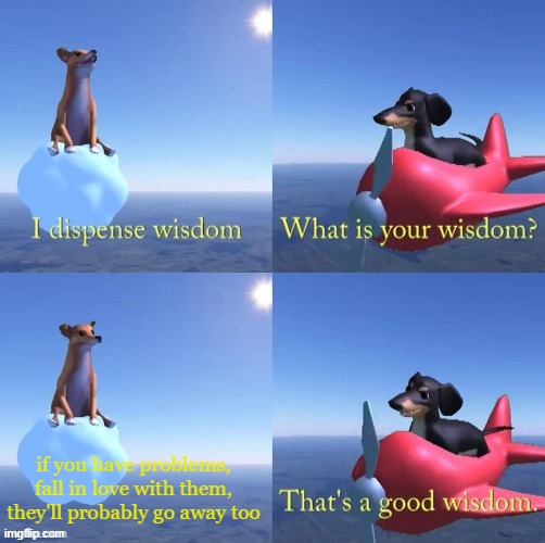 Wisdom dog | if you have problems, fall in love with them, they'll probably go away too | image tagged in wisdom dog | made w/ Imgflip meme maker