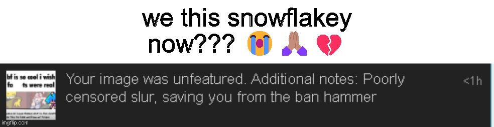 yall acting like it was uncensored :broken_heart: | we this snowflakey now??? 😭🙏🏽💔 | made w/ Imgflip meme maker