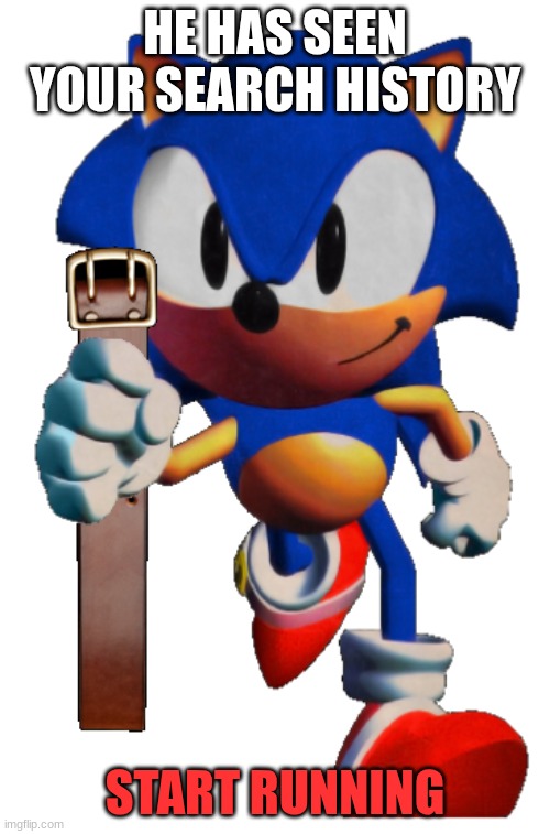 Sonic holding a belt | HE HAS SEEN YOUR SEARCH HISTORY; START RUNNING | image tagged in sonic holding a belt | made w/ Imgflip meme maker