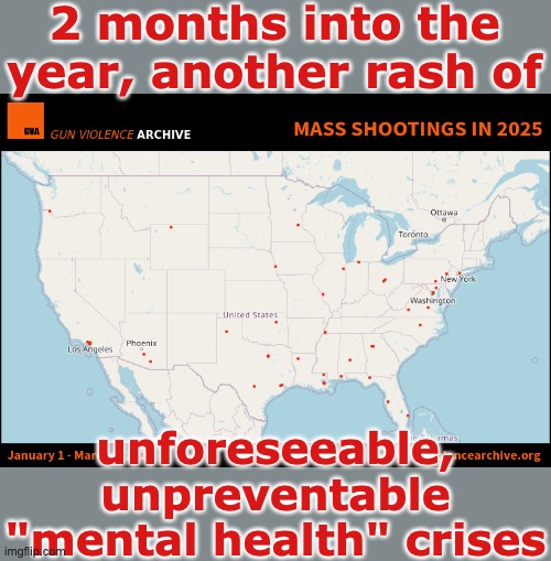 2025, already -- from the Gun Violence Archive | 2 months into the year, another rash of; unforeseeable, unpreventable "mental health" crises | image tagged in 2025,guns,death,preventable,gun control,violence | made w/ Imgflip meme maker