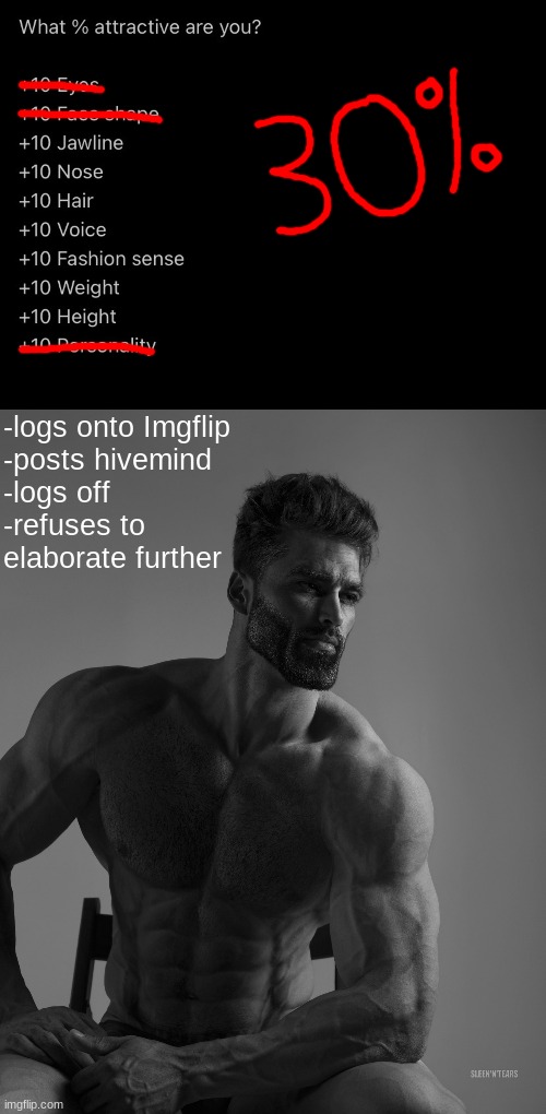 Now I'm back to watching anime and random youtube videos for the rest of the night | -logs onto Imgflip
-posts hivemind
-logs off
-refuses to 
elaborate further | image tagged in what attractive are you,giga chad | made w/ Imgflip meme maker