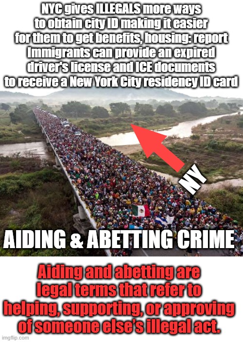 Once they have drivers license they vote illegaly. | NYC gives ILLEGALS more ways to obtain city ID making it easier for them to get benefits, housing: report
Immigrants can provide an expired driver's license and ICE documents to receive a New York City residency ID card; NY; AIDING & ABETTING CRIME; Aiding and abetting are legal terms that refer to helping, supporting, or approving of someone else’s illegal act. | made w/ Imgflip meme maker