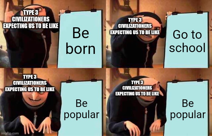 Ten years of expectations wrong | TYPE 3 CIVILIZATIONERS EXPECTING US TO BE LIKE; TYPE 3 CIVILIZATIONERS EXPECTING US TO BE LIKE; Be born; Go to school; TYPE 3 CIVILIZATIONERS EXPECTING US TO BE LIKE; TYPE 3 CIVILIZATIONERS EXPECTING US TO BE LIKE; Be popular; Be popular | image tagged in people,fake | made w/ Imgflip meme maker