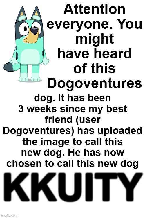 DOGOVENTURES DOG IS NOW NAMED | Attention everyone. You might have heard of this Dogoventures; dog. It has been 3 weeks since my best friend (user Dogoventures) has uploaded the image to call this new dog. He has now chosen to call this new dog; KKUITY | made w/ Imgflip meme maker
