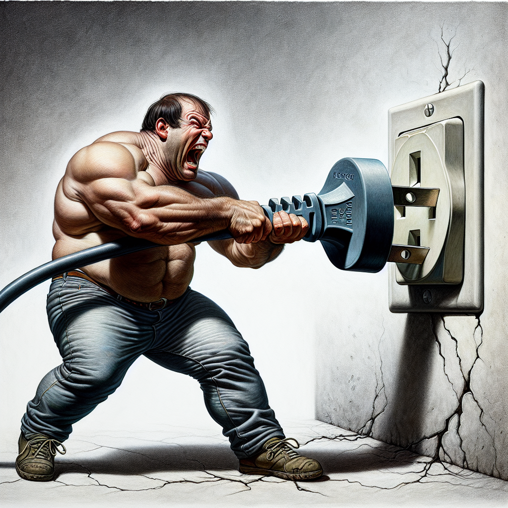 man pulls enormous electrical plug from socket Blank Meme Template