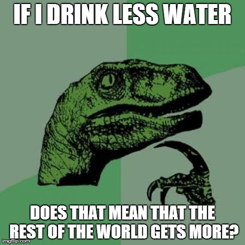 Water | IF I DRINK LESS WATER DOES THAT MEAN THAT THE REST OF THE WORLD GETS MORE? | image tagged in memes,philosoraptor | made w/ Imgflip meme maker