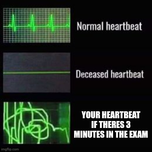 heartbeat rate | YOUR HEARTBEAT IF THERES 3 MINUTES IN THE EXAM | image tagged in heartbeat rate | made w/ Imgflip meme maker