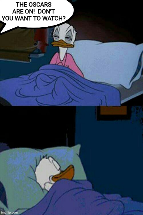 sleepy donald duck in bed | THE OSCARS ARE ON!  DON'T YOU WANT TO WATCH? | image tagged in sleepy donald duck in bed | made w/ Imgflip meme maker