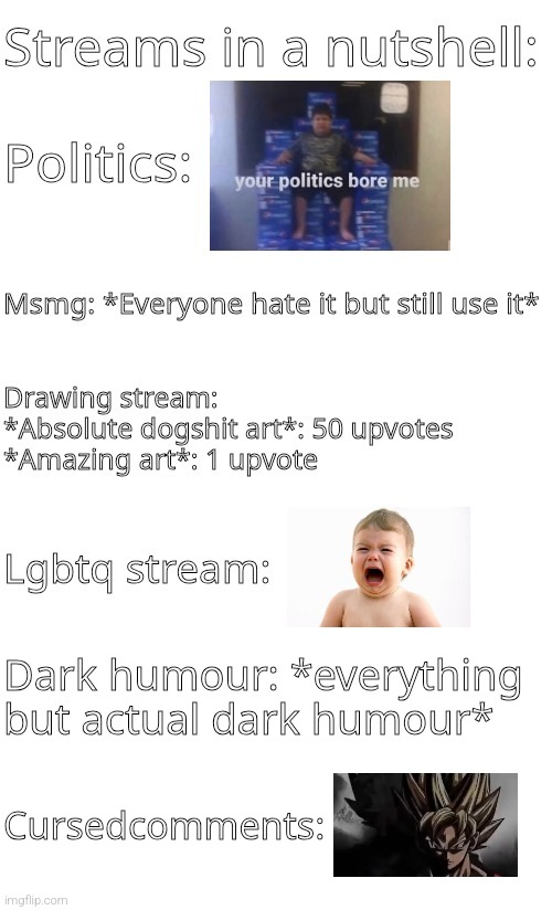 Only did somes of the most popular becuz why tf would I do every streams? | Dark humour: *everything but actual dark humour*; Cursedcomments: | made w/ Imgflip meme maker