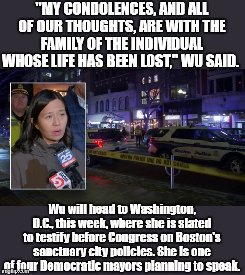 Another pothetic dem mayor | "MY CONDOLENCES, AND ALL OF OUR THOUGHTS, ARE WITH THE FAMILY OF THE INDIVIDUAL WHOSE LIFE HAS BEEN LOST," WU SAID. Wu will head to Washington, D.C., this week, where she is slated to testify before Congress on Boston's sanctuary city policies. She is one of four Democratic mayors planning to speak. | made w/ Imgflip meme maker
